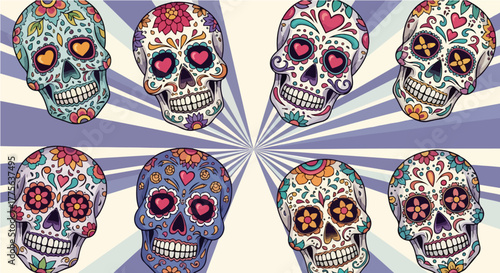 colorful sugar skulls pattern festive dia de los muertos background with vibrant floral skulls on a sunburst perfect for cultural celebrations