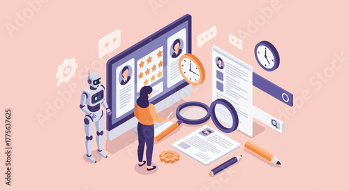 AI recruitment analyzing candidates profiles on a computer streamlining the hiring process suitable for HR tech and automated recruitment strategies.