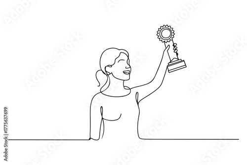 Single one line drawing happy woman gets award best employee. Personal development Concept. one line Icon drawing with white background