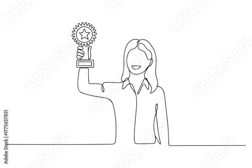 Single one line drawing happy woman gets award best employee. Personal development Concept. one line Icon drawing with white background