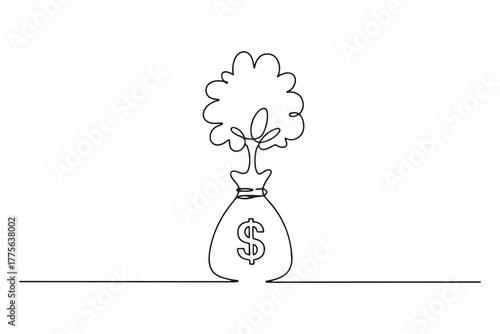 Continuous one line drawing small tree in money bag. Budget planning concept. Single line draw design. one line Icon drawing with white background