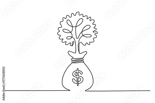 Continuous one line drawing small tree in money bag. Budget planning concept. Single line draw design. one line Icon drawing with white background