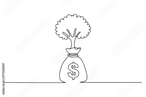 Continuous one line drawing small tree in money bag. Budget planning concept. Single line draw design. one line Icon drawing with white background
