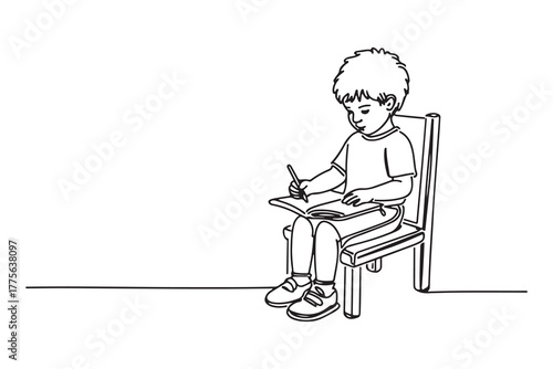 Single one line drawing Cute little boy sitting on chair writing on notebook doing his homework. Student concept. one line Icon drawing with white background