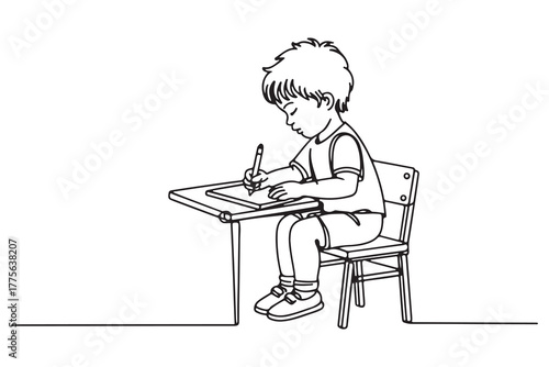 Single one line drawing Cute little boy sitting on chair writing on notebook doing his homework. Student concept. one line Icon drawing with white background
