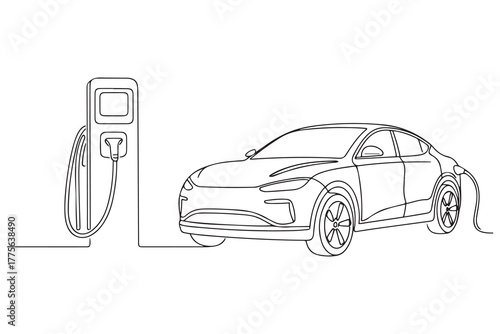 Continuous one-line drawing of the modern electric car chargers. Electric car concept single line draws design. one line Icon drawing with white background