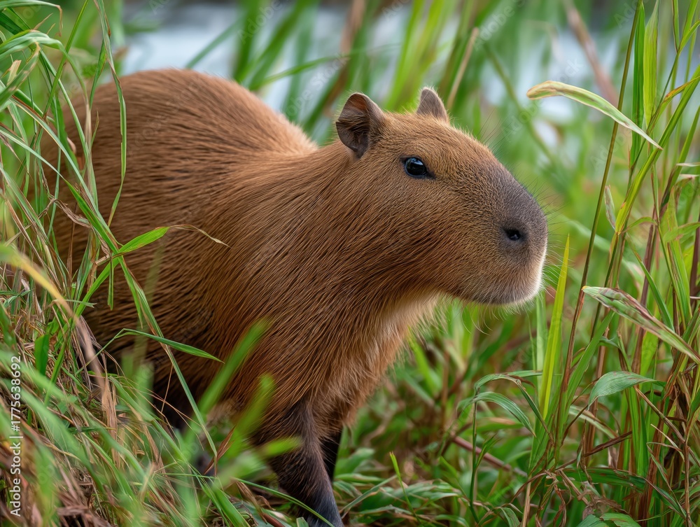 Fototapeta premium Capybara walking through tall grass soft focus background