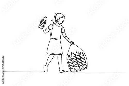 Continuous one line drawing happy girl pick up plastic bottle waste. World environment day concept. one line Icon drawing with white background