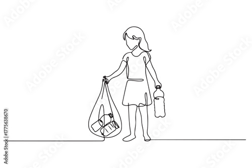 Continuous one line drawing happy girl pick up plastic bottle waste. World environment day concept. one line Icon drawing with white background