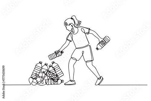 Continuous one line drawing happy girl pick up plastic bottle waste. World environment day concept. one line Icon drawing with white background