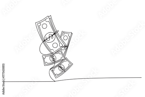 Single continuous line drawing of falling Dollar money. concept one line draw design. one line Icon drawing with white background