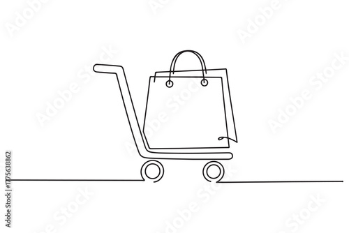 Single one-line drawing easy shopping in e-commerce. E-Commerce concept continuous line draw design. one line Icon drawing with white background