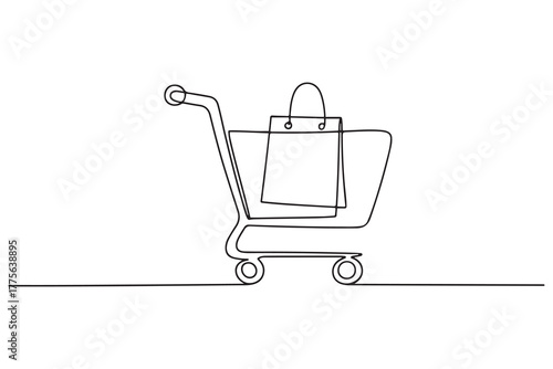 Single one-line drawing easy shopping in e-commerce. E-Commerce concept continuous line draw design. one line Icon drawing with white background