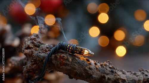 Smoking broken light bulb on a branch. Electrical hazard from faulty Christmas lights. Fire safety during holidays video.