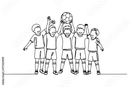 Single one line drawing happy children winning the soccer playing. Team work concept. one line Icon drawing with white background