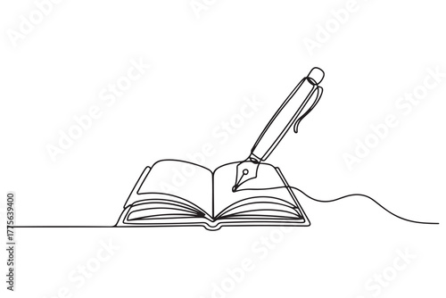 Single one line drawing Pen writing on book. Education concept. Continuous line draw design. one line Icon drawing with white background