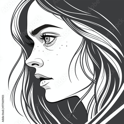 Elegant vector illustration of a fashionable woman’s face with long hair and stylish profile