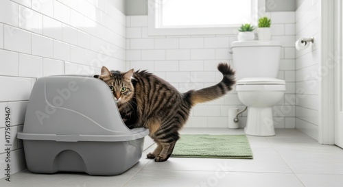 Pet hygiene concept - cute cat in litter tray in restroom