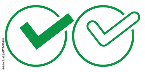 Check mark icons tick symbols in green circle. Represents confirmation, approval, success or completed tasks or status. For accept, confirmation, agreement, checklists, task completion projects. 