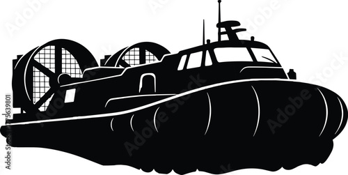 Silhouette of a hovercraft on a white background air cushion vehicle, hovercraft, air cushion vehicle, transport, vehicle, watercraft, boat, ship, amphibious, military, civilian, silhouette, black and
