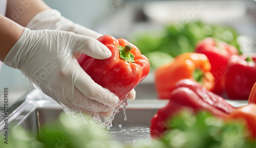 Hands in white gloves washing a red bell pepper under running water in a sink with other peppers red pepper