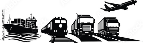 Silhouette of various transportation modes logistics, transportation, logistics, shipping, cargo, freight, delivery, transport, ship, cargo ship, container ship, train, locomotive, engine, truck, lorr