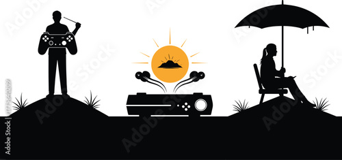 Silhouette of people and projector on white background silhouette, people, man, woman, illustration, hill, technology, leisure, grass, design, symbol, screen, umbrella, lifestyle, sun, chair, keywords