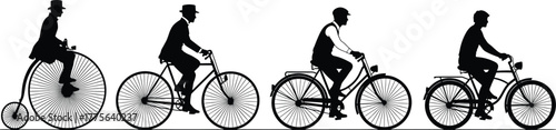 Silhouettes of men riding bicycles from penny-farthing to modern, bicycle, bike, cycling, evolution, history, vintage, retro, penny-farthing, old-fashioned, modern, man, silhouette, black and white, g
