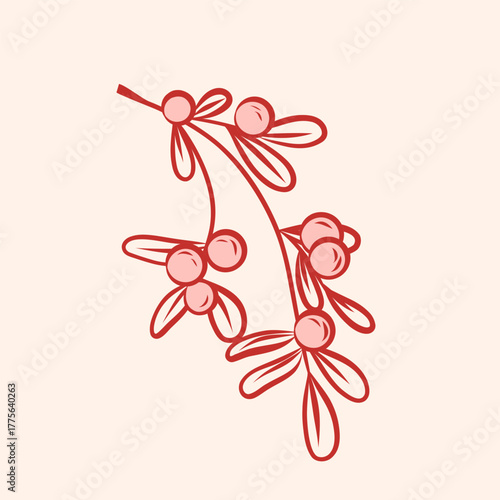 Coquette Christmas floristry. Pink illustration mistletoe branch. Doodle branch with berries.	