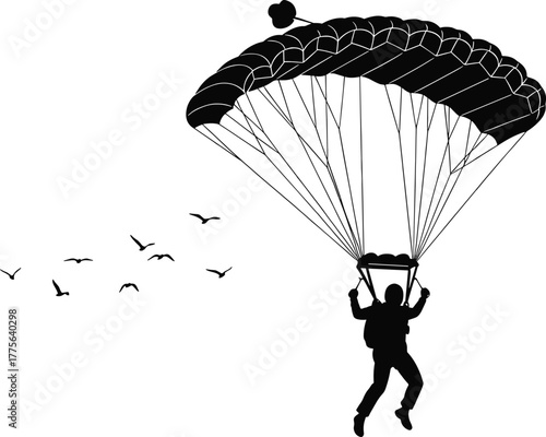 Skydiver with Parachute and Birds Silhouette skydiver, parachute, skydiving, jump, illustration, leisure, human, sports/, movement, air, nature, adrenaline, airborne, parachute, design, altitude, with