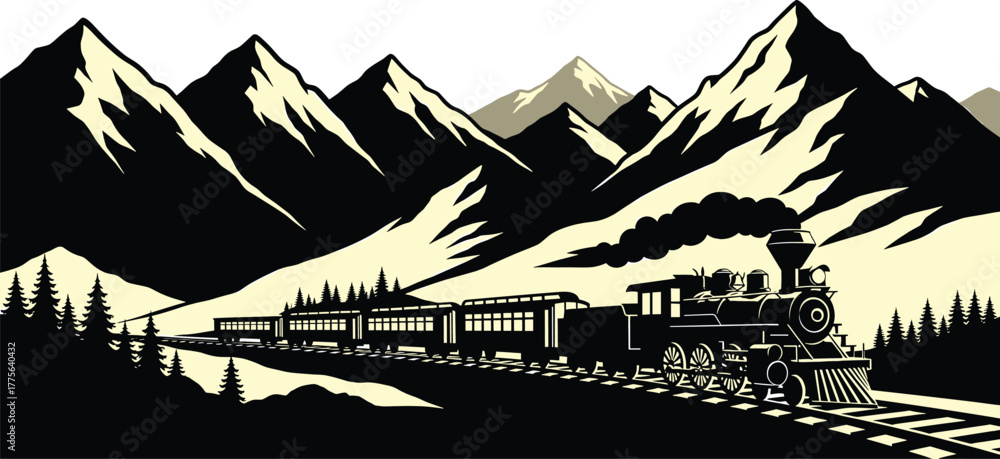 Fototapeta premium Steam train traveling through a mountainous landscape, steam train, train, locomotive, engine, carriage, railway, railroad, track, mountain, mountains, landscape, nature, travel, journey, transportati