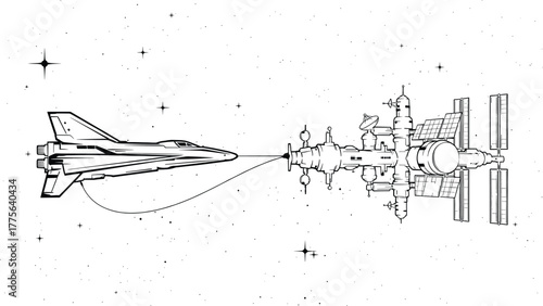 Space Shuttle Docking with Space Station in Starry Cosmos, space shuttle, spacecraft, spaceship, space station, orbital, docking, tether, connection, cosmos, stars, galaxy, universe, science fiction, 