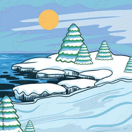 Winter landscape with ice floes near land with fir trees at sunset season