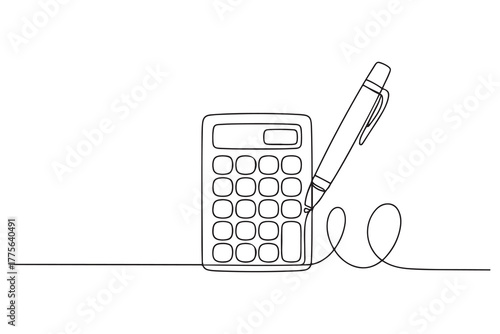 Continuous one line drawing calculator with pen. Budget planning concept. one line Icon drawing with white background