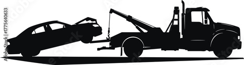 Tow Truck Lifting a Car Silhouette vector illustration, tow, truck, car, lifting, silhouette, transport, vehicle, breakdown, assistance, recovery, service, rescue, emergency, roadside, mechanic, auto,