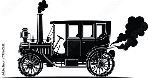 Vintage automobile with smoke exhaust silhouette vehicle, automobile, car, vintage, vehicle, transport, transportation, classic, old, retro, antique, silhouette, black, white, steam, engine, smoke, ex