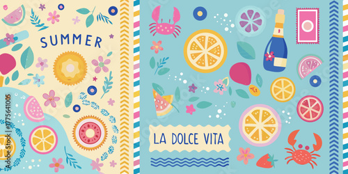 Vibrant summer and la dolce vita illustration with fruits flowers crabs and champagne