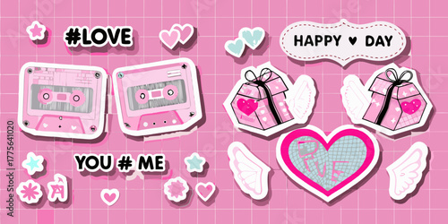 Cute pink retro cassette tapes and gift boxes with hearts and wings on a grid background