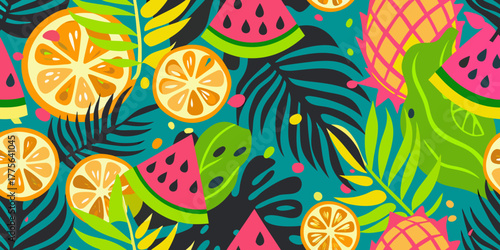 Vibrant tropical fruit and palm leaf pattern with oranges watermelon and pineapple