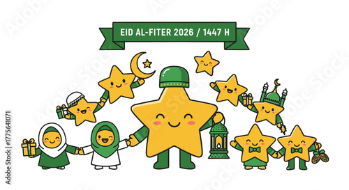 Happy Muslim Star Family Illustration for Eid Mubarak Celebration.