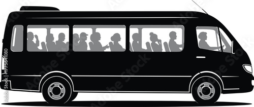 Black minivan with passengers inside on white background, minivan, van, bus, vehicle, transportation, travel, passengers, people, inside, interior, silhouette, black, white, windows, seats, driver, jo