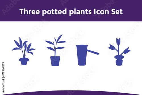 Three potted plants and watering can illustration Icon Set