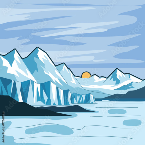 Glacier landscape with mountains under cloudy sky in winter season day