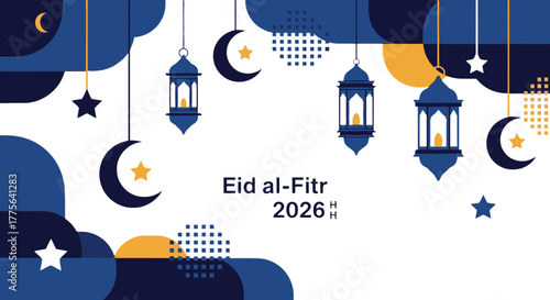 Eid al Fitr 2026 Celebration with Lanterns and Crescent Moons.