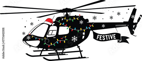 Festive Helicopter Decorated with Christmas Lights and Snowflakes, helicopter, festive, christmas, holiday, lights, decorations, snowflakes, santa hat, banner, celebration, winter, transport, aircraft
