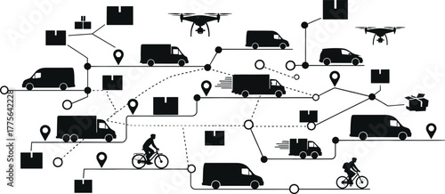 Logistics network with delivery vehicles and drones, logistics, delivery, transportation, network, shipping, package, parcel, drone, van, truck, car, bicycle, cyclist, rider, map, pin, location, route