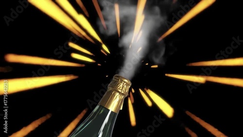 Champagne bottle popping with golden light burst celebration party event.