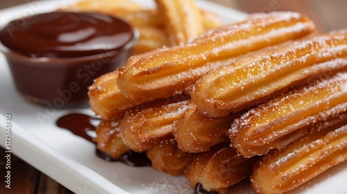 Close up of a plate with churros stacked and a small bowl of chocolate sauce on the side ready to eat