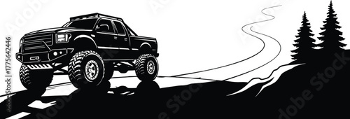 Off road monster truck driving on a winding road monster truck, off road, driving, illustration, rough, design, road, offroading, nature, travel, wheels, wild, winding, transportation, landscape, mud,