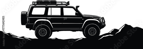 Off Road Vehicle Silhouette on Rocky Terrain vector, off road, 4x4, suv, vehicle, car, transportation, adventure, exploration, rugged, terrain, mountains, rocks, silhouette, black and white, side view